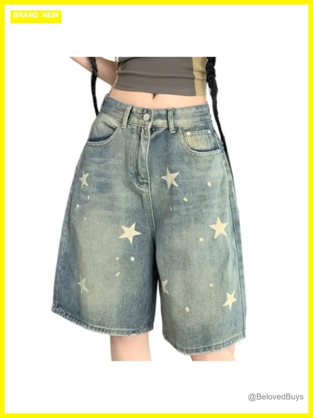 Y2K Gothic High Rise Wide Leg Bermuda Jean Shorts with Star Graphic